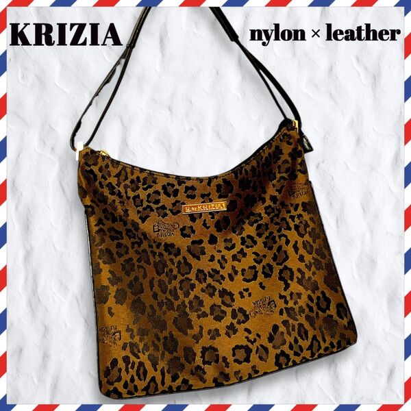 良品 KRIZIA クリツィア ヒョウ柄 ハンドバッグ 肩掛け 茶 スクエア型 レザー ナイロン トートバッグ レオパード