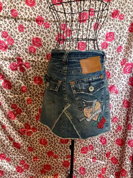 アントゲージ デニムミニスカート 花柄刺繍 ダメージ加工 y2k 平成ギャル M