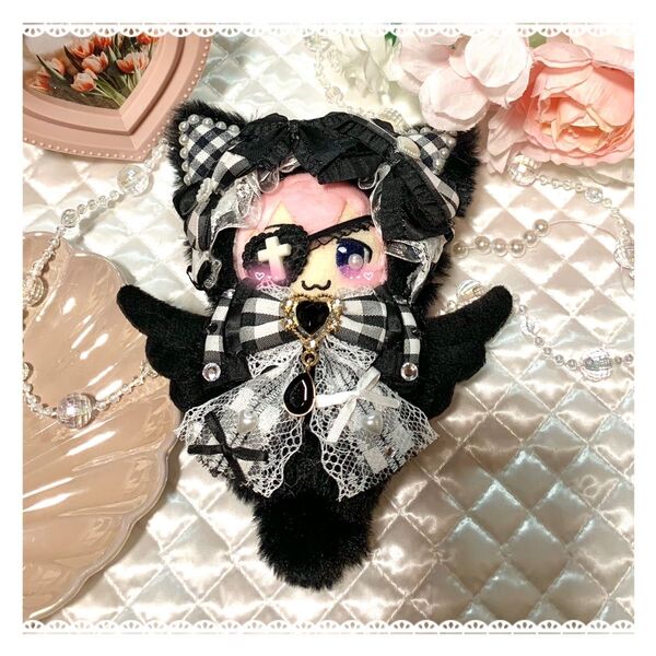 ☆ぬい服 着ぐるみ ハンドメイド 10cm 黒×黒チェック ぶらっくエンジェルちゃん☆
