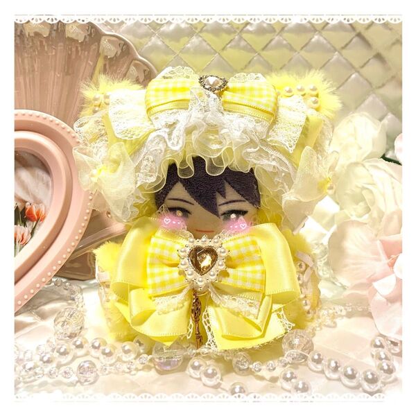☆おすわりぬい服 ぬい服 ハンドメイド 10cm にじぱぺ 黄色 フリルチェックねこちゃん☆