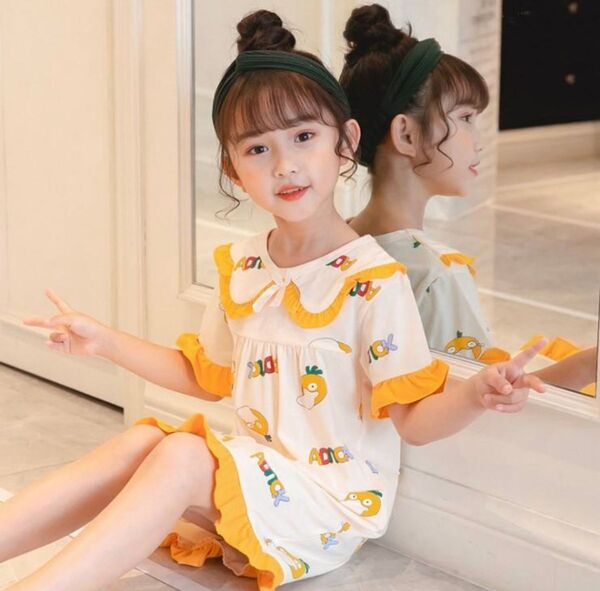 新品 女の子用 動物柄 アヒル コットン ワンピース パジャマ ワンピ 110 120cmあり