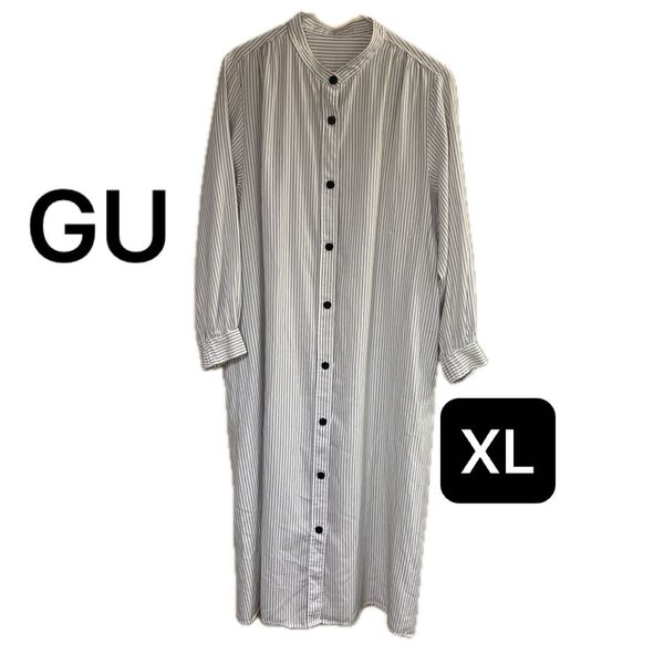 GU ストライプ バンドカラー シャツ ワンピース XL 白 黒