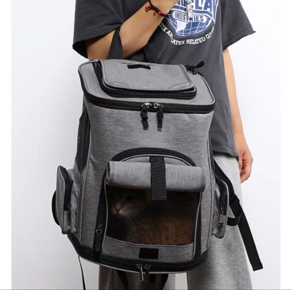 【新品】ペット用リュック キャリーバッグ 通気性抜群 折りたたみ式 グレー