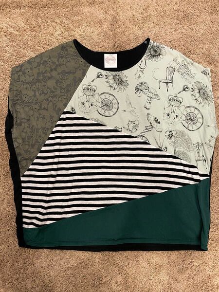 スカラー scolar トップス カットソー Tシャツ ノースリーブ 猫 ネコ ボーダー グリーン 緑 美品