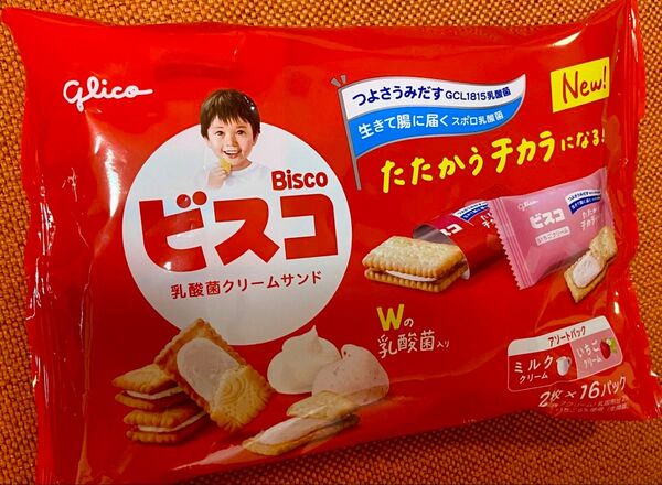 グリコ ビスコ 乳酸菌クリームサンド 2枚×16パック ミルククリーム&いちごクリーム