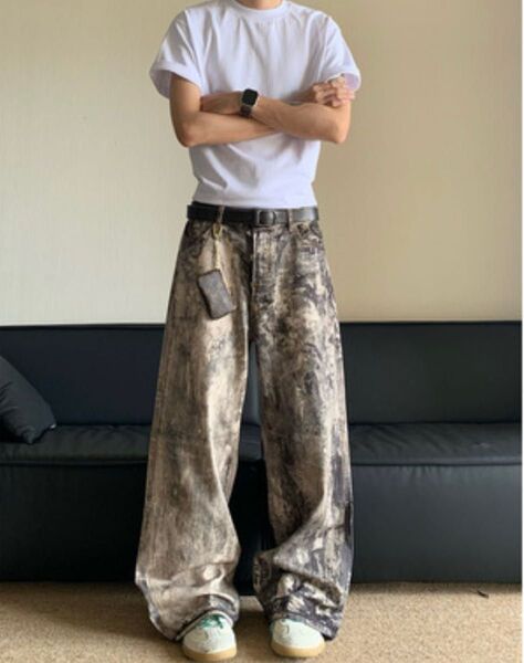 L 2 リアルツリー デニム ワイドパンツ 迷彩 プリントデニム y2k カモ デニムパンツ ジーンズ