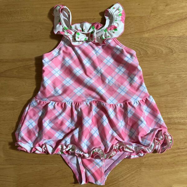 女の子 水着 ピンク チェック フリル 花柄 110cm