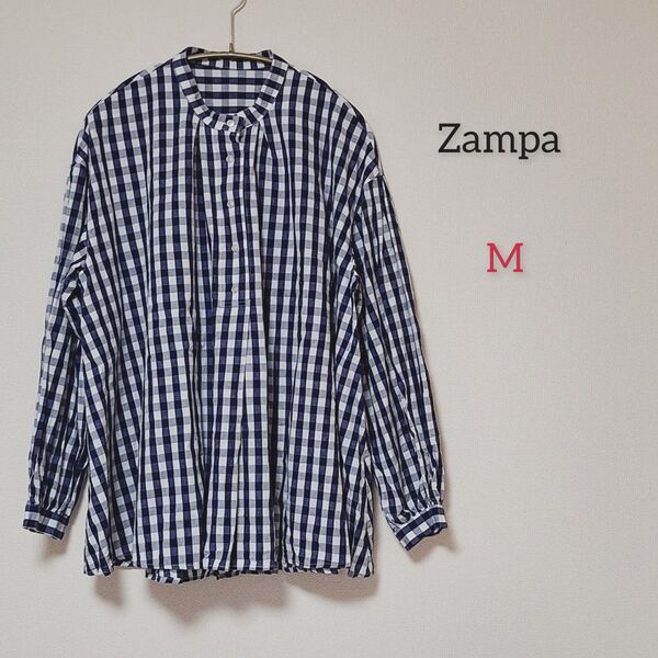 Z of Zampa Organic ザンパ ギンガムチェック バンドカラーシャツ 長袖 シャツ M ネイビー ゆったり 春夏 綿