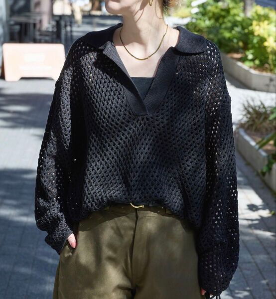 襟付きメッシュニット b.c.stock ブラック 黒