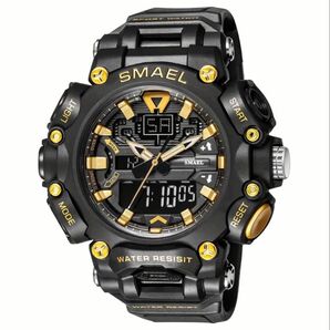 新品 メンズ スポーツ 腕時計 多機能 30m 防水 発光 デュアル ディスプレイ ラバーストラップ ブラック ゴールデン 箱無し