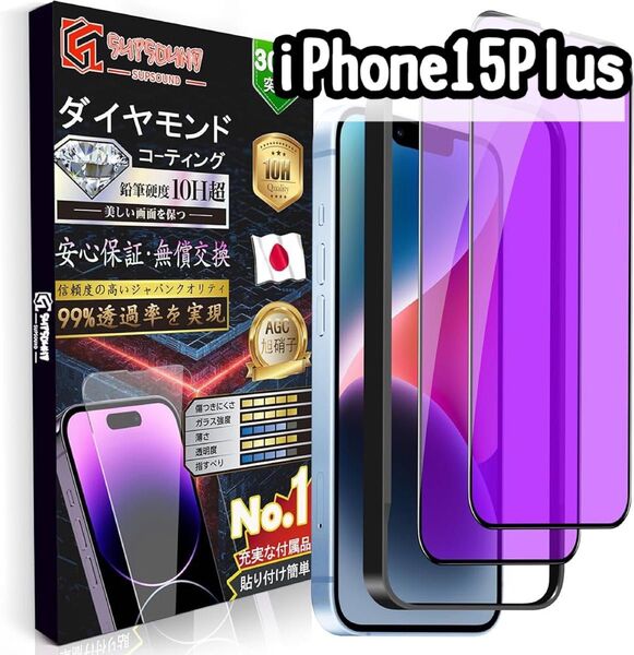 【2枚セット+ガイド枠付き】iPhone15Plus ガラスフィルム ブルーライトカット 指紋防止 高透過率 傷防止 気泡無し