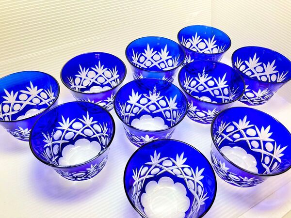 切子グラス 10個セット訳あり未使用 ブルー コップ 食器 酒器 お猪口 ぐい呑み アルコール 冷茶 茶道 菓子器
