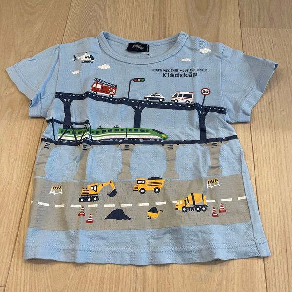 大人気 クレードスコープ 乗り物デザイン 半袖Tシャツ 水色 ブルー 80 肩スナップ付き 着脱しやすい パトカー 電車 働く車