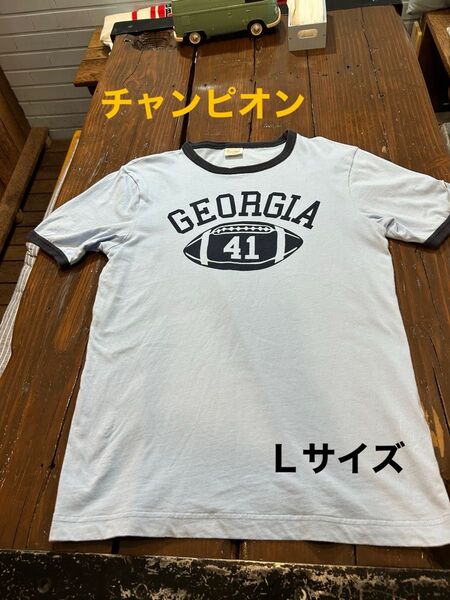 チャンピオン半袖Tシャツ☆リンガーTシャツ☆GEORGIA ロゴ☆Lサイズ 水色Xネイビー