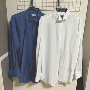 ウイングカラーシャツ 白、青セット