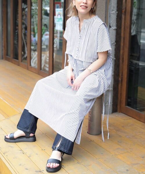 ap retro レイヤー風フレンチスリーブロングシャツワンピース アプレトロ ストライプ 半袖