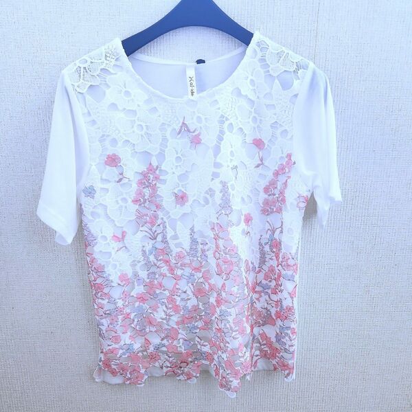 新品未使用 シニア レディース トップス カットソー 半袖 Tシャツ Mサイズ レース ピンク系