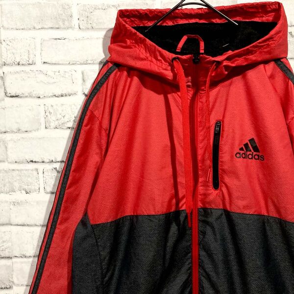 1420 adidas アディダス ナイロンジャケット XL 赤 黒 フード付き