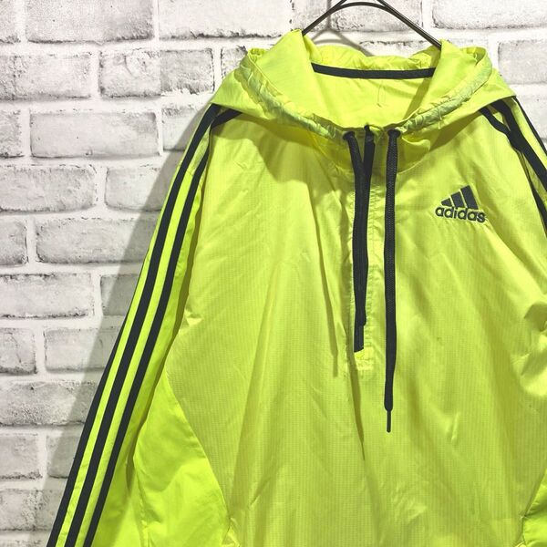 1457 adidas アディダス ナイロンジャケット ハーフジップ 2XL相当 蛍光イエロー
