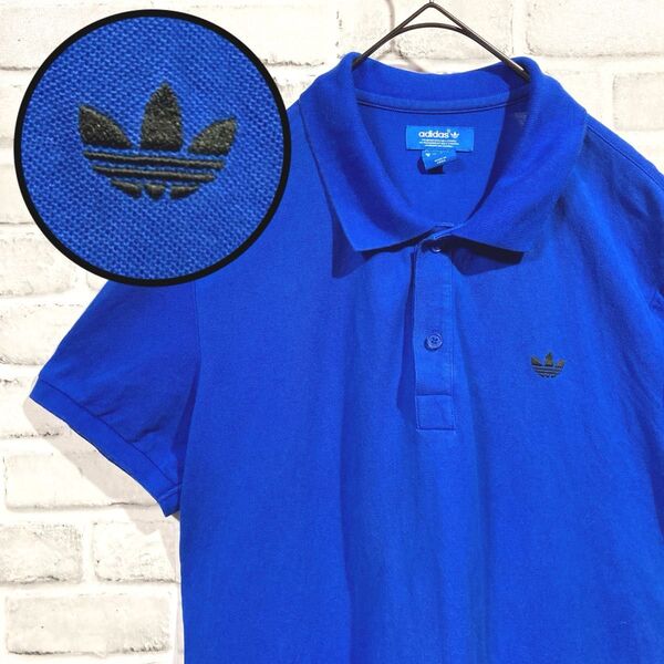 1470 adidas アディダス ポロシャツ 2XL 青 トレフォイル ロゴ刺繍