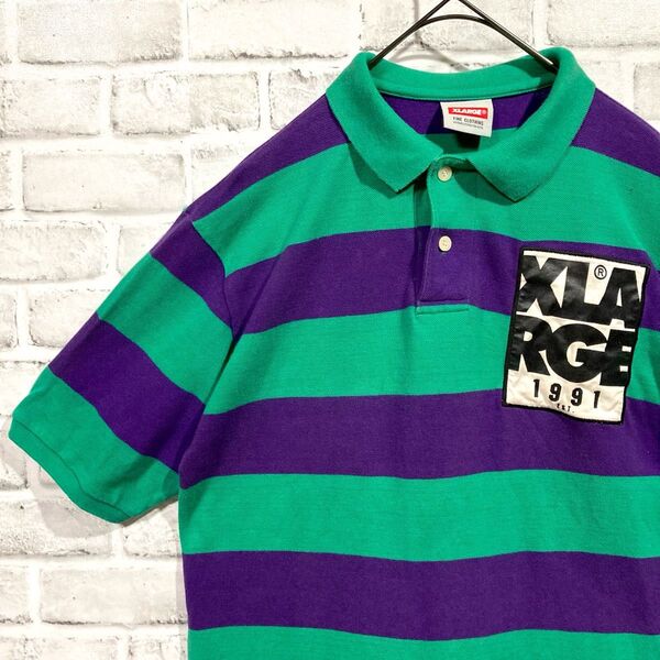 1487 XLARGE エクストララージ ポロシャツ M メンズ 緑 紫 ボーダー