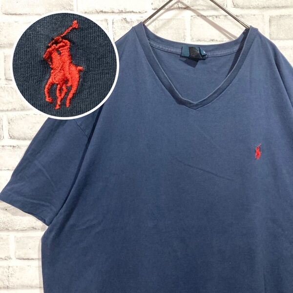 1521 Polo Ralph Lauren ラルフローレン Tシャツ 2XL相当 ネイビー Vネック ワンポイント ロゴ刺繍