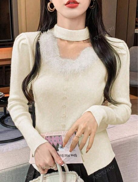shein 2024年 タートルネック セーター カットアウト、非対称ニットトップ、高級感のある、秋冬用