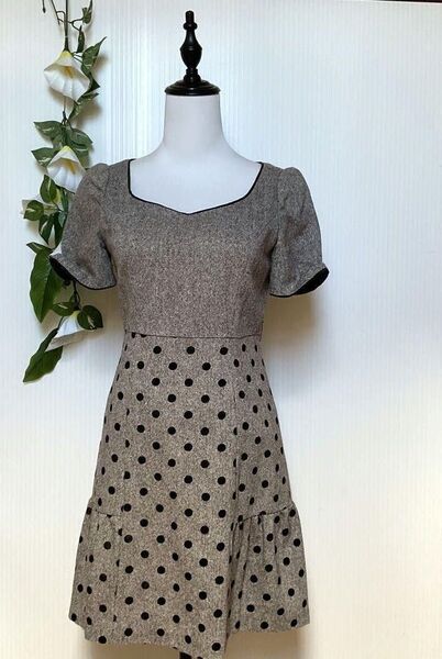 美品 ウィルセレクション S ドット柄 ウール混合 秋冬物 ひざ丈ワンピース