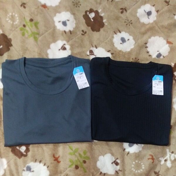 しまむら新品未使用 FlBER DRYさらっとドライTシャツ 半袖 インナー 黒・モスグリーン柄入り 2点