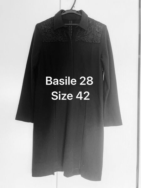 【美品】BASILE 28 バジーレ ベントット 紺色 冬 ワンピース レース 42 L-XL相当 長袖 ウール100%
