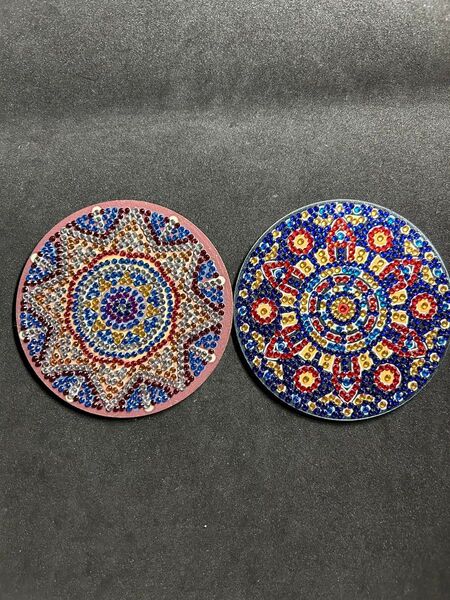 お試し ハンドメイド ビーズ細工 コースター 2枚セット ダイアモンドアート完成品 木製コースター コースター インテリア雑貨