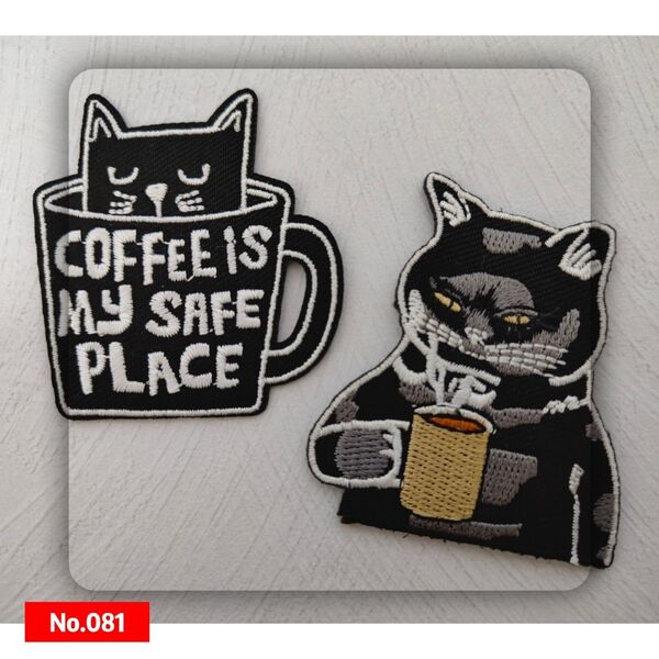 No.081 黒猫 2枚セット COFFEE ユニーク かっこいい アップリケ パッチ 刺繍 アイロンワッペン 他のワッペン