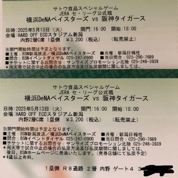 5月13日 横浜DeNAベイスターズVS阪神タイガース ペア 通路側