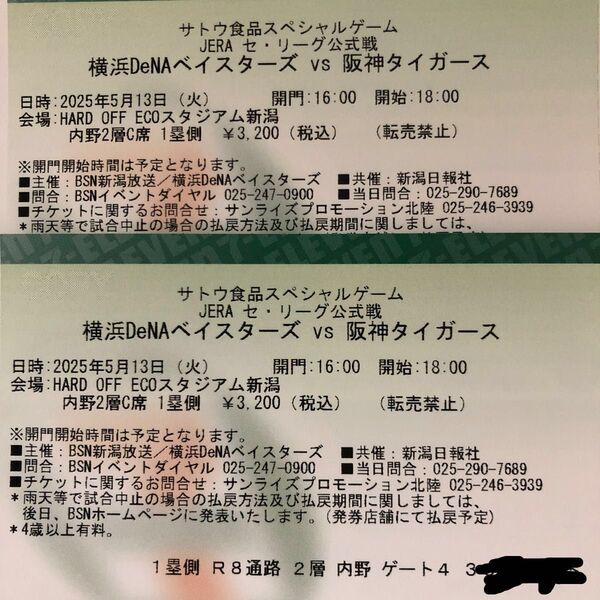 5月13日 横浜DeNAベイスターズVS阪神タイガース ペア 通路側