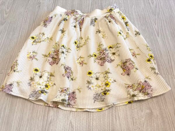花柄ミニフレアスカート S〜M ワッフル生地 イエロー