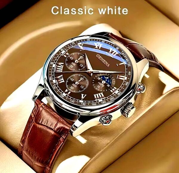 【新品】GENEVA ブラウン レザー 腕時計 クロノグラフ タキメーター 腕時計 オシャレ 新社会人