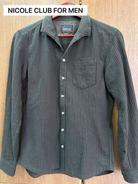 NICOLE CLUB FOR MEN 長袖シャツ グリーン系千鳥格子柄 メンズシャツ