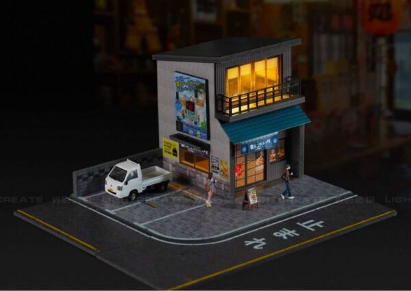 即納 1/64 料理店 ジオラマ模型 駐車場付き LED点灯 A