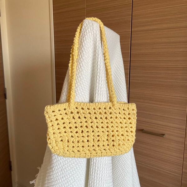 ハンドメイド かぎ編み 編み物 イエロー 黄色トートバッグ かごバッグ ハンドバッグ バッグ