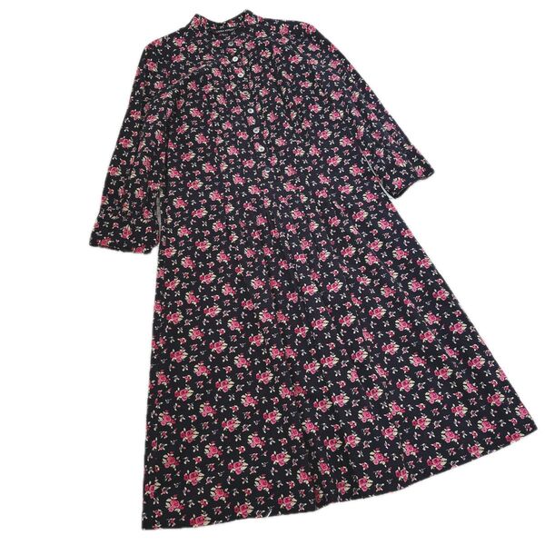 ローラアシュレイ ロング丈 ワンピース 長袖 花柄 総柄 ウエストリボン欠品 サイズ9 フレア コットン100%