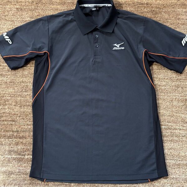 MIZUNOGOLF 半袖シャツミズノゴルフ黒×オレンジラインL〜 LL ゴルフウェア サラッと素材吸汗速乾