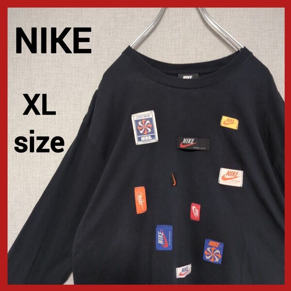 NIKE 長袖 Tシャツ カットソー 黒 ブラック XL タグ ロゴ ロンティ ロンT 風車 ヴィンテージ ワッペン