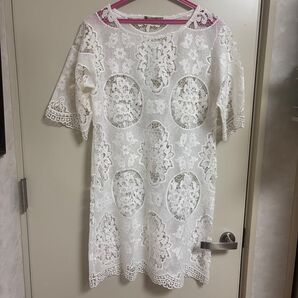 ホワイト レース 花柄 七分袖 ワンピース クロッシェ