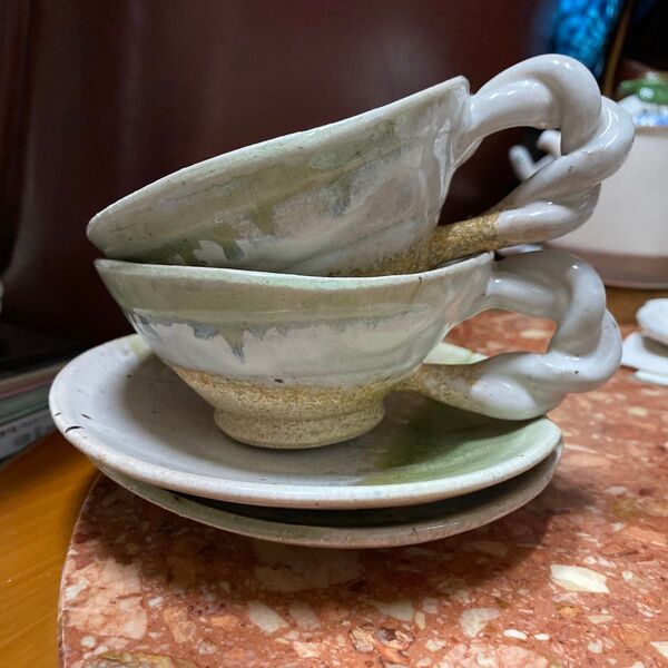 コーヒーカップ ソーサー ペア ティーカップ 陶芸 作家物 グリーン系 ねじり持ち手
