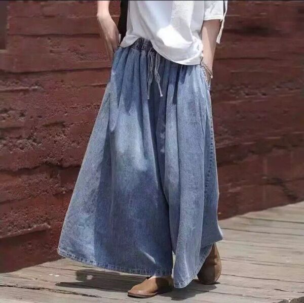 デニム ガウチョパンツ ワイドパンツ ゆるだぼ キュロット 大きいサイズ 体型カバー ブルー ワイド