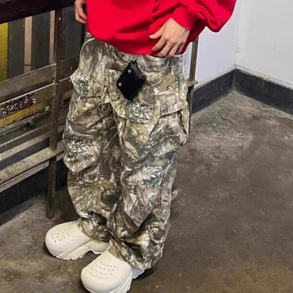 リアルツリー カーゴパンツ 迷彩柄ワイド 男女兼用 ゆったり y2k カーキ カジュアル カモフラ
