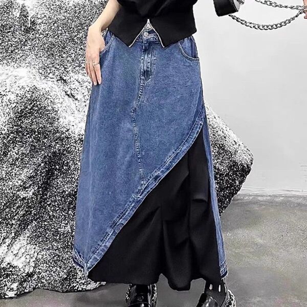 デニム ロングスカート 異素材 楽チン 大きいサイズ 楽チン 変形 Aライン 切り替ええ ウエストゴム オシャレ スカート