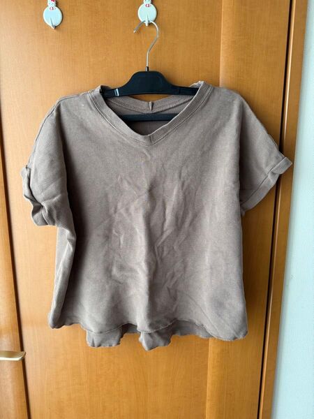 ワッフルTシャツ ブラウン Vネック 半袖Tシャツ 無地 シンプル カジュアル 春夏