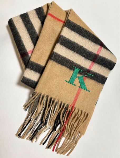 BURBERRY バーバリー チェック マフラー カシミア100% イニシャル刺繍 フリンジ カシミヤ100 スコットランド製
