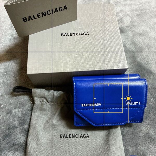 未使用品/BALENCIAGA イタリア製 ミニウォレット 青 三つ折り財布 小銭入れ 財布 ペーパーウォレット